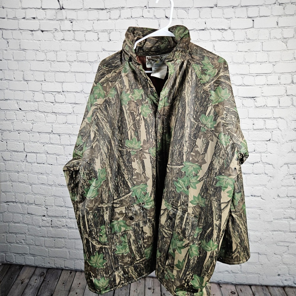 Duck Bay Camo Rain Jacket Mens XL Green Leaf Tree Bark Hunting Utility Coat PVC